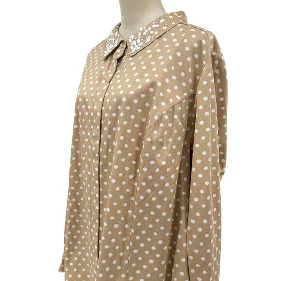 Lane Bryant NWT Tan & White Polka Dot Rhinestone Jewel Collar Button Up Shirt - Picture 8 of 11